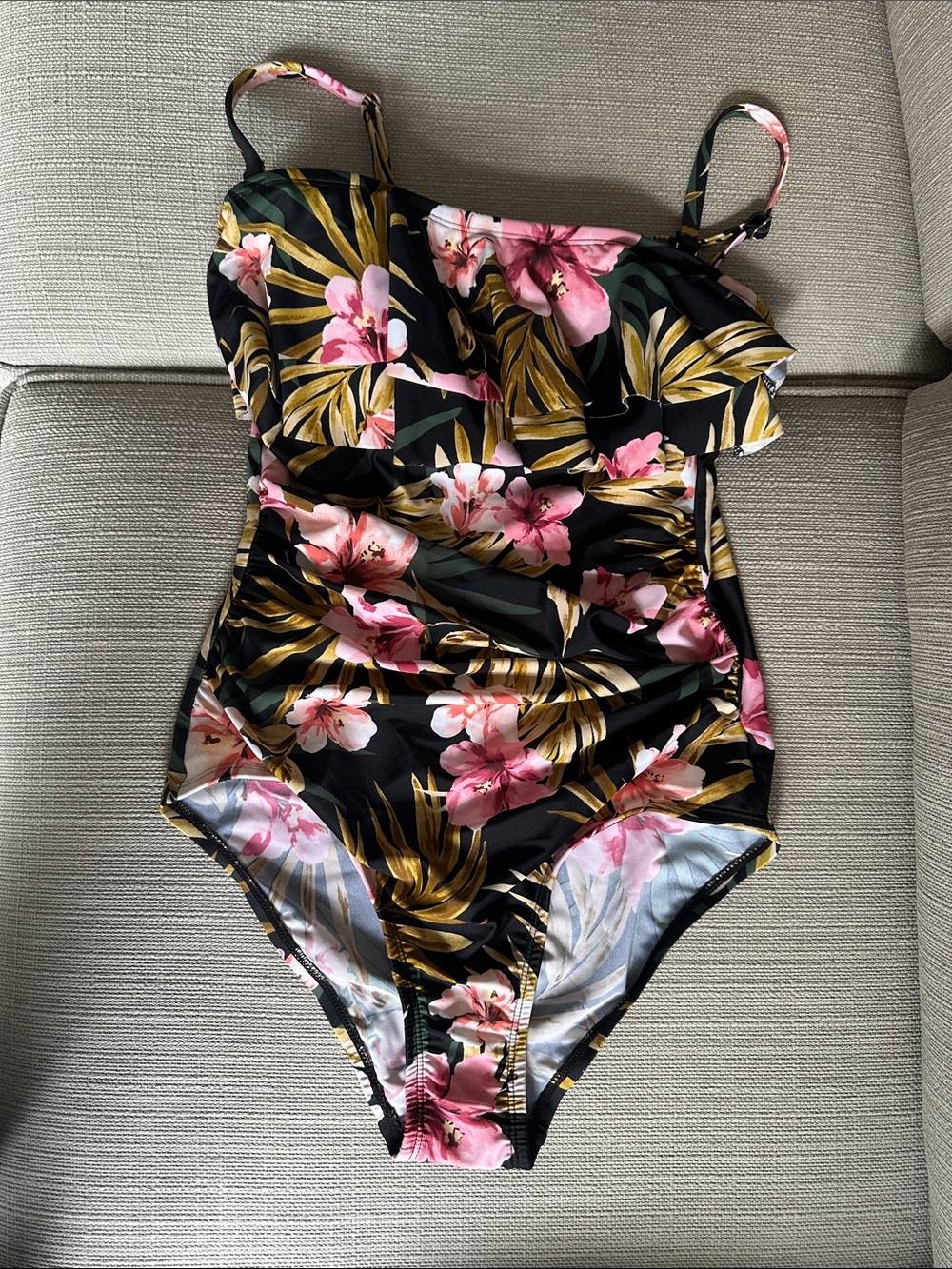 Kona Sol Black Floral One-Piece Swimsuit with Pink Flowers